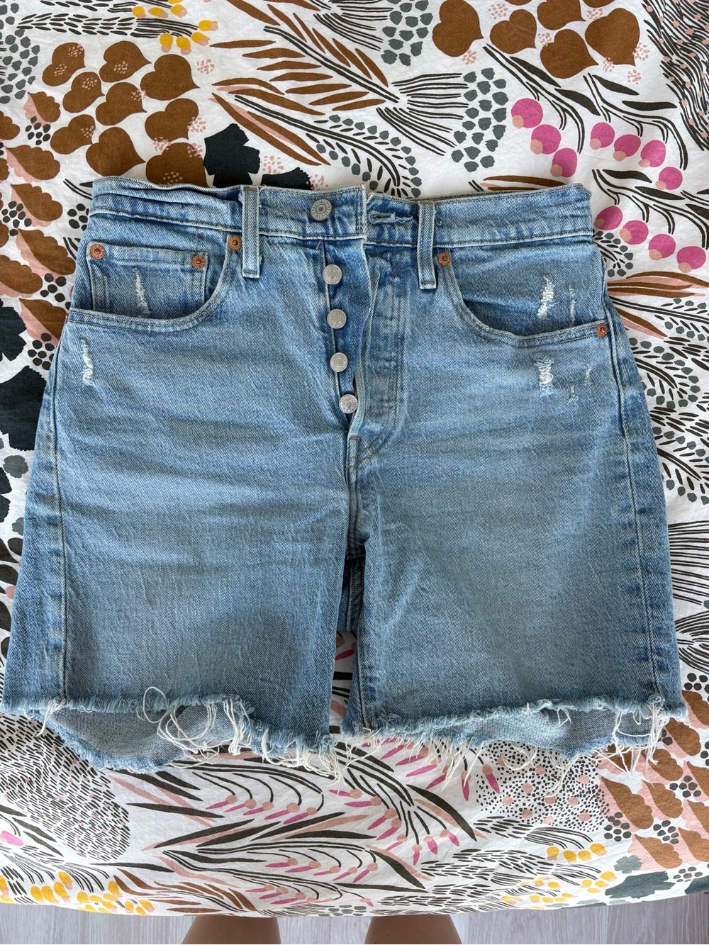 Levi's Light Blue Button-Fly Distressed Denim Shorts